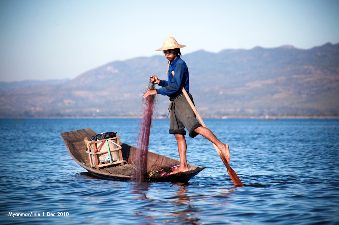 以傳統的捕魚法在茵樂湖討生活的緬甸民族.